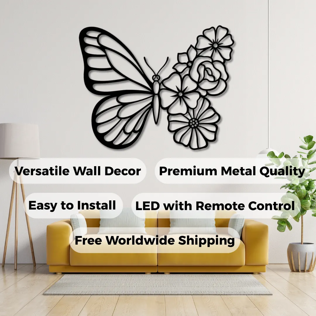 Butterfly Bloom Silhouettes Features Butterfly and floral metal wall art for home décor.