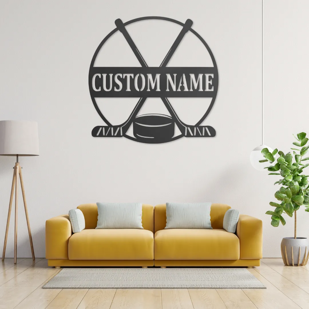 Crossed Sticks Personalized Silhouette Personalized hockey wall art with crossed sticks and custom name