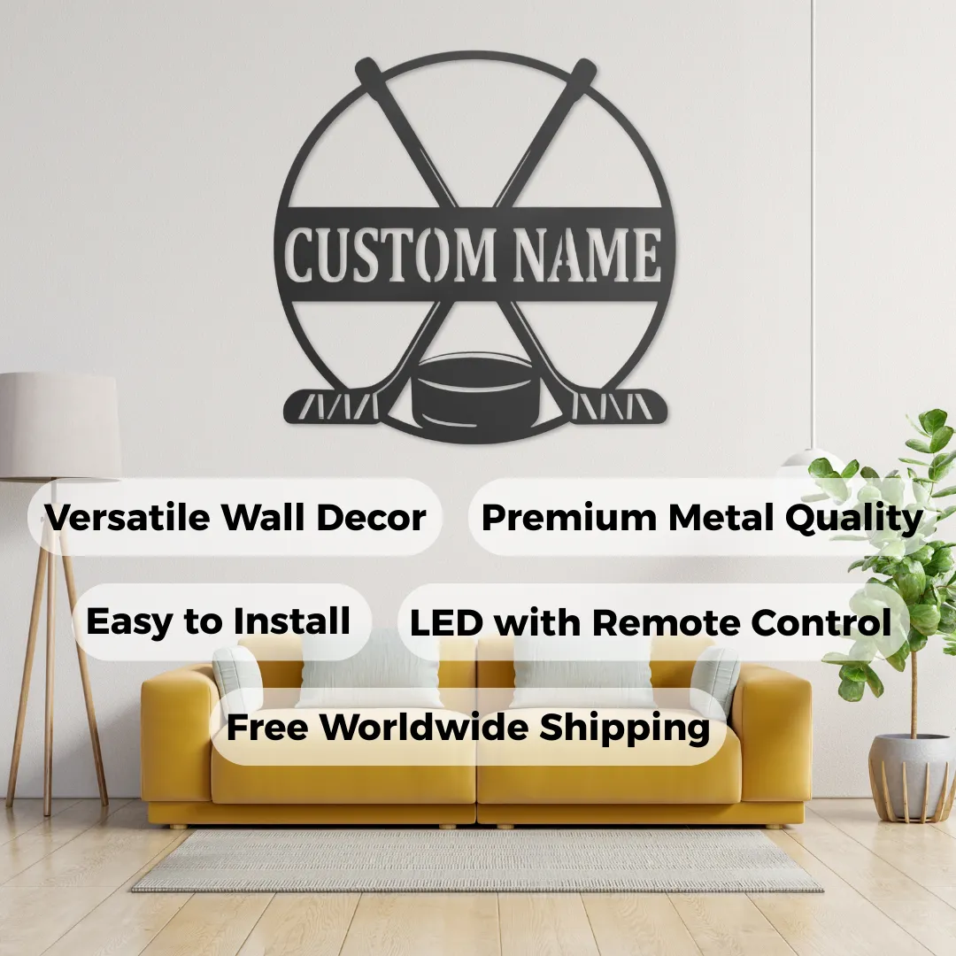 Crossed Sticks Personalized Silhouettes Black metal wall décor featuring hockey sticks and puck design