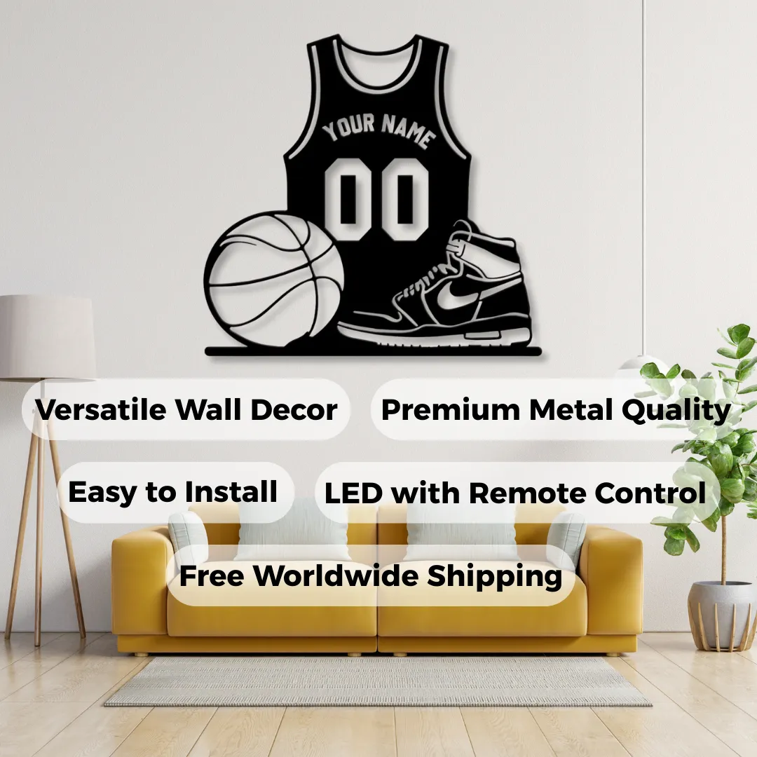 Custom Basketball Jersey Silhouettes Basketball jersey silhouette wall décor with sneakers and ball