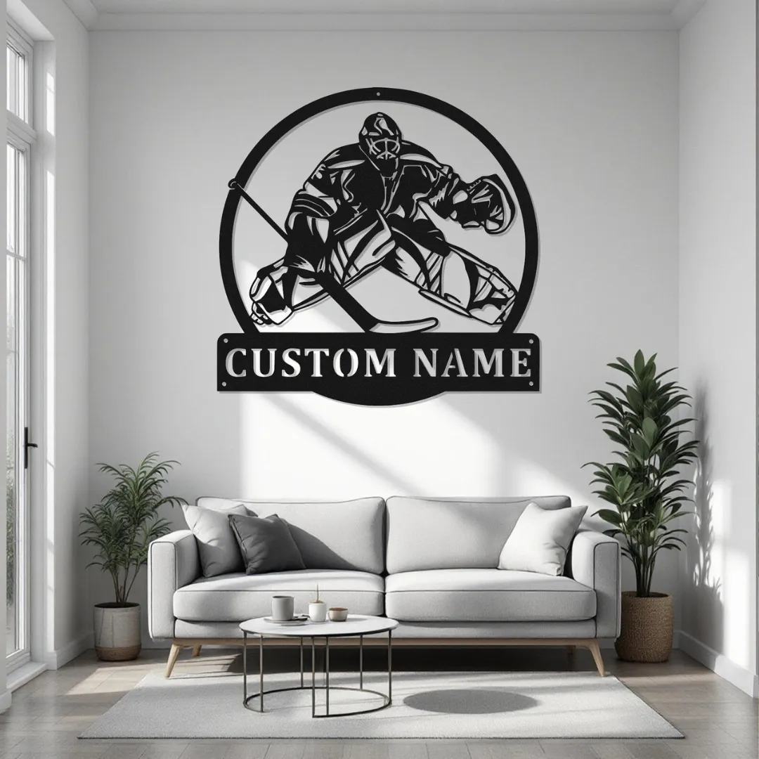 Custom Goalie Silhouette Hockey goalie metal wall art with custom name plate
