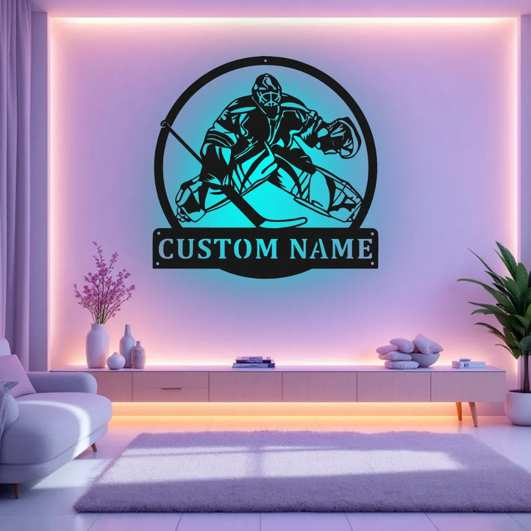 Green Custom Goalie Silhouette Laser cut hockey goalie wall art LED and non-LED