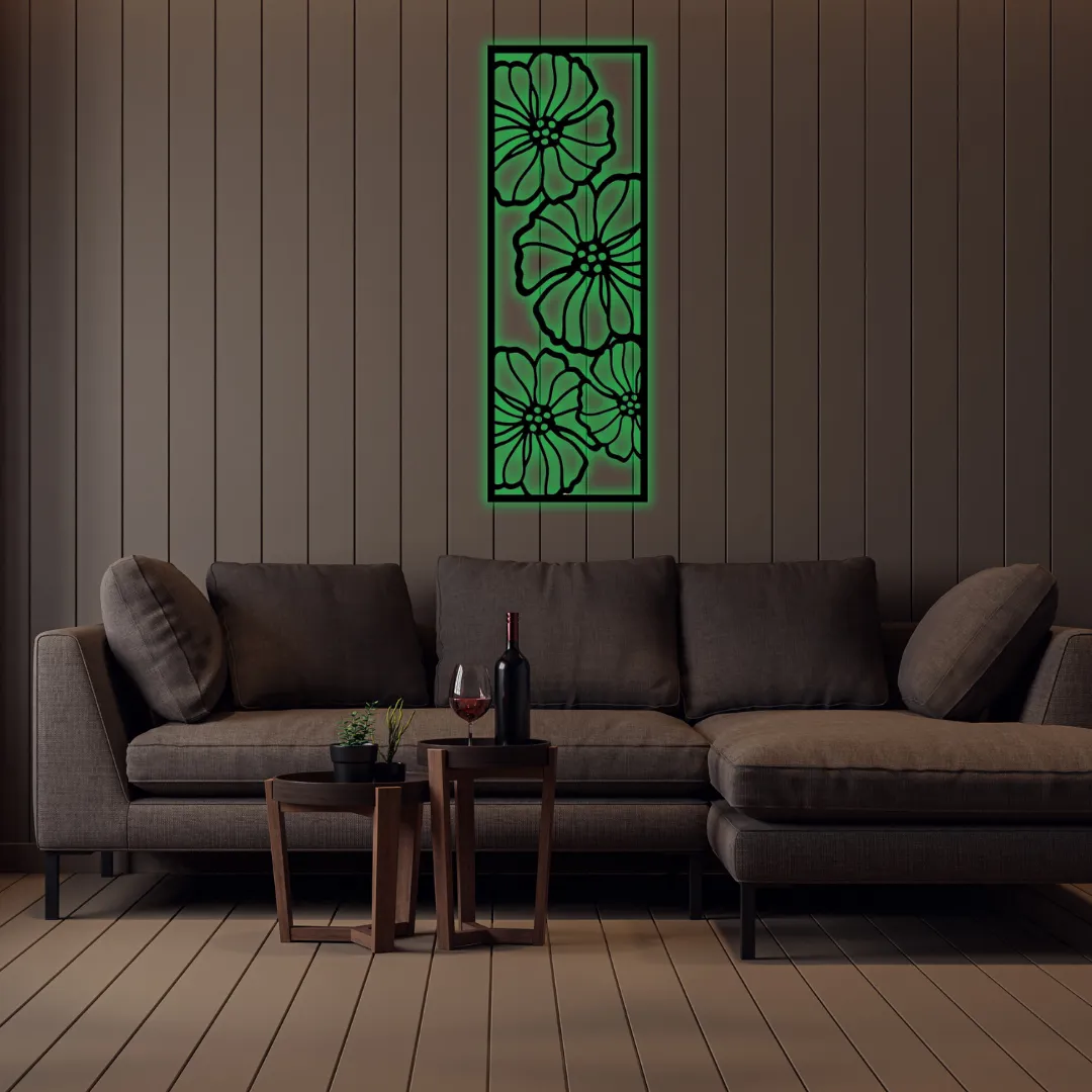 Green Floral Bloom Silhouette Tall floral design metal wall decor for living room.