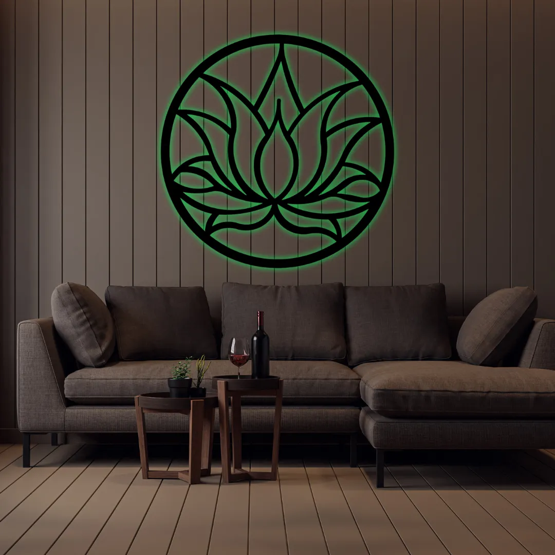 Green Lotus Mandala Silhouette Black lotus-shaped wall hanging for meditation room.