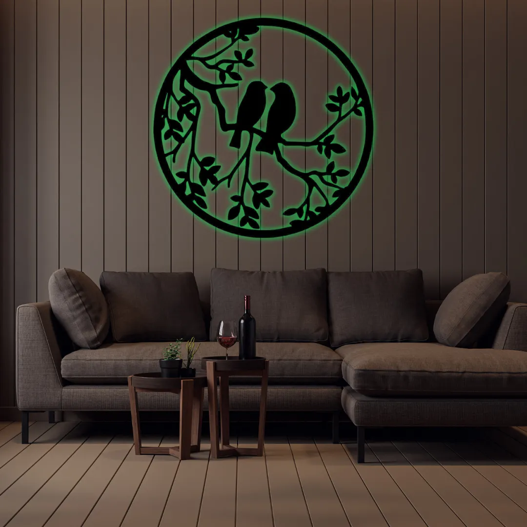 Green Love Birds Silhouette Love Birds Metal Wall Art | Romantic Home Décor