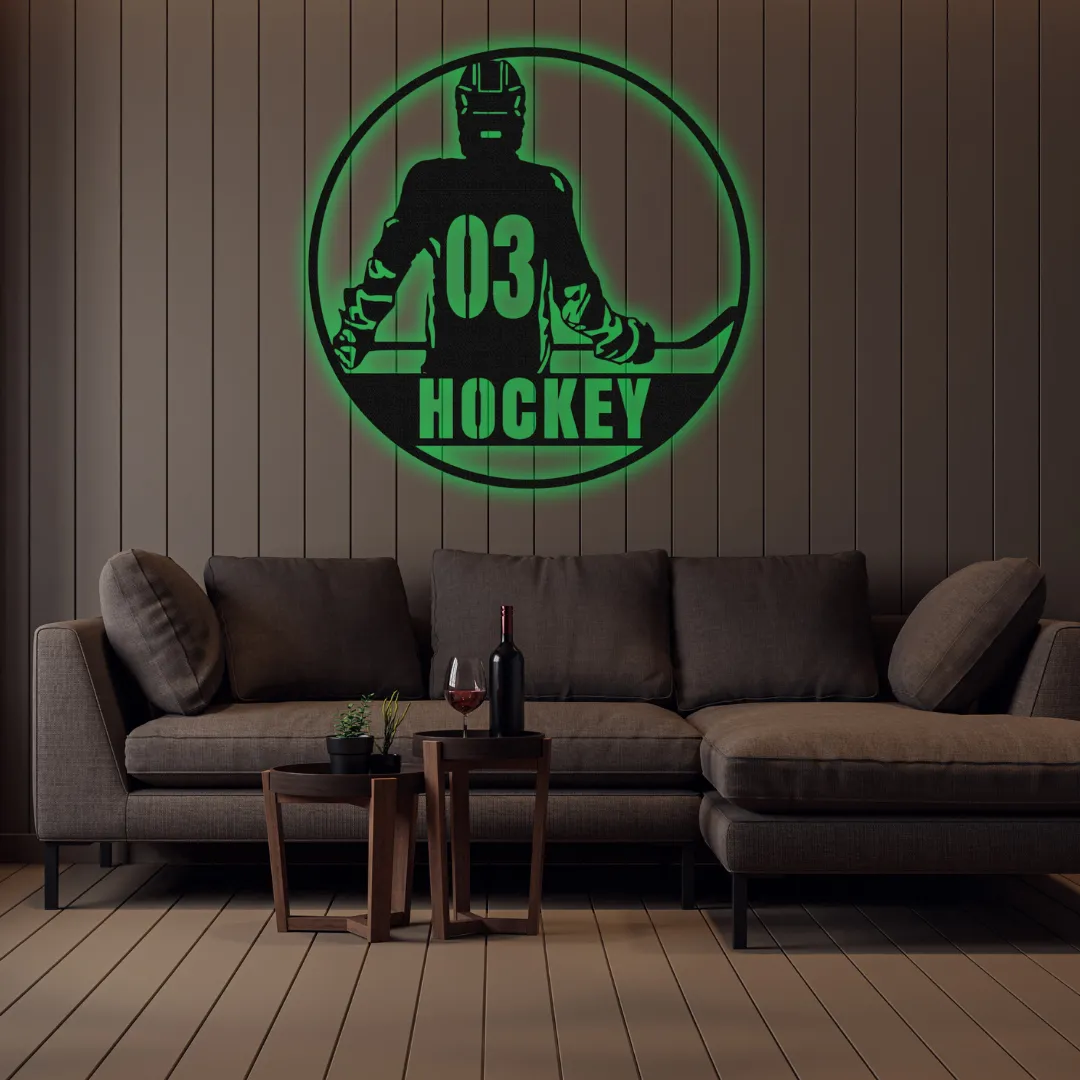 Green Round Hockey Silhouette Round hockey silhouette metal wall art with custom number