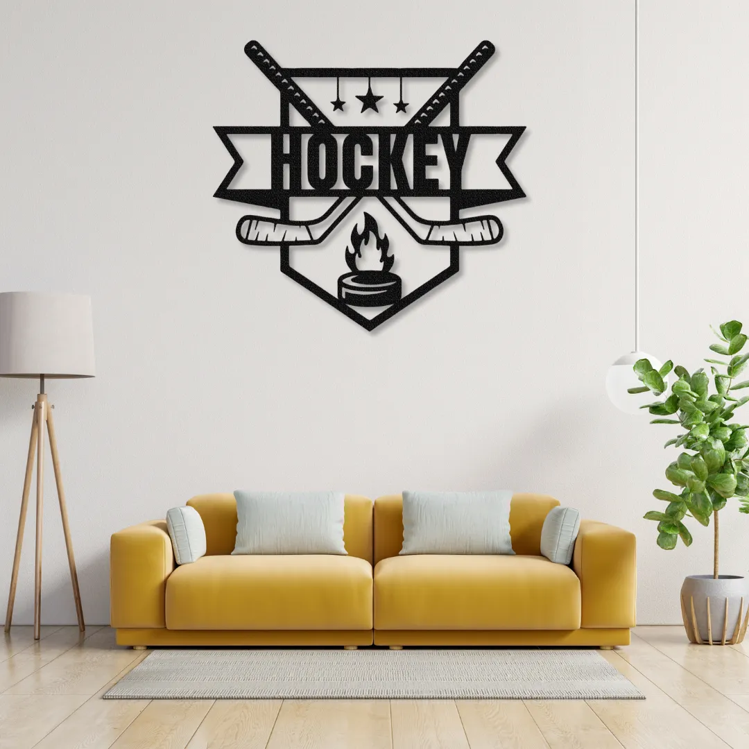 Hockey Crest Silhouette Hockey crest metal wall art with sticks, stars, and puck