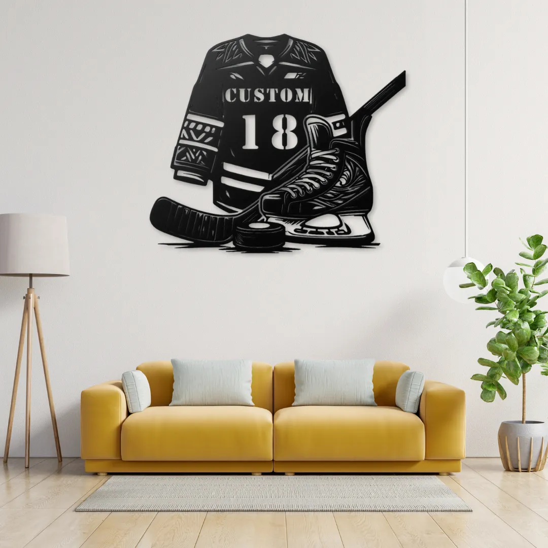Hockey Gear Silhouette Hockey gear metal wall art with custom jersey and skates