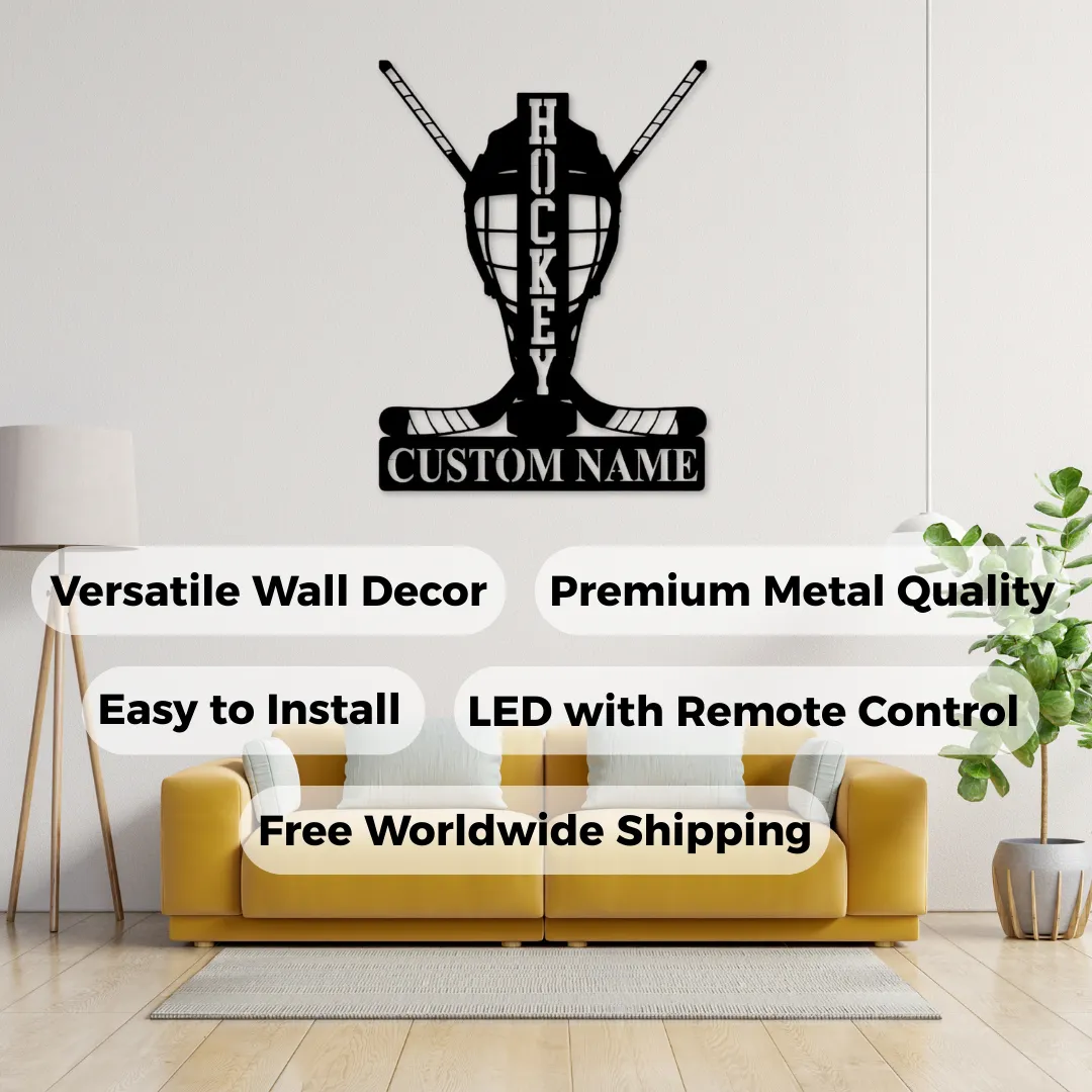 Hockey Goalie Mask Silhouettes Personalized hockey wall décor with crossed sticks and mask