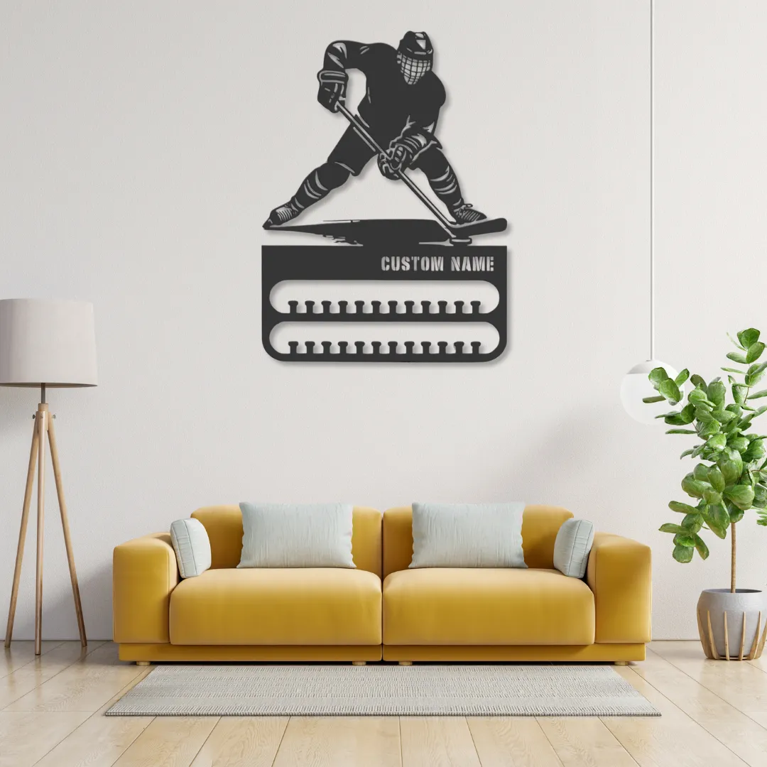 Hockey Medal Holder Personalized Silhouette Personalized hockey medal holder metal wall art with custom name