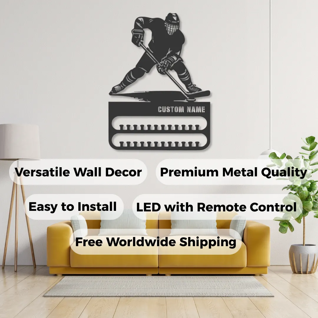 Hockey Medal Holder Personalized Silhouettes Black metal wall décor with hockey player design and medal hooks