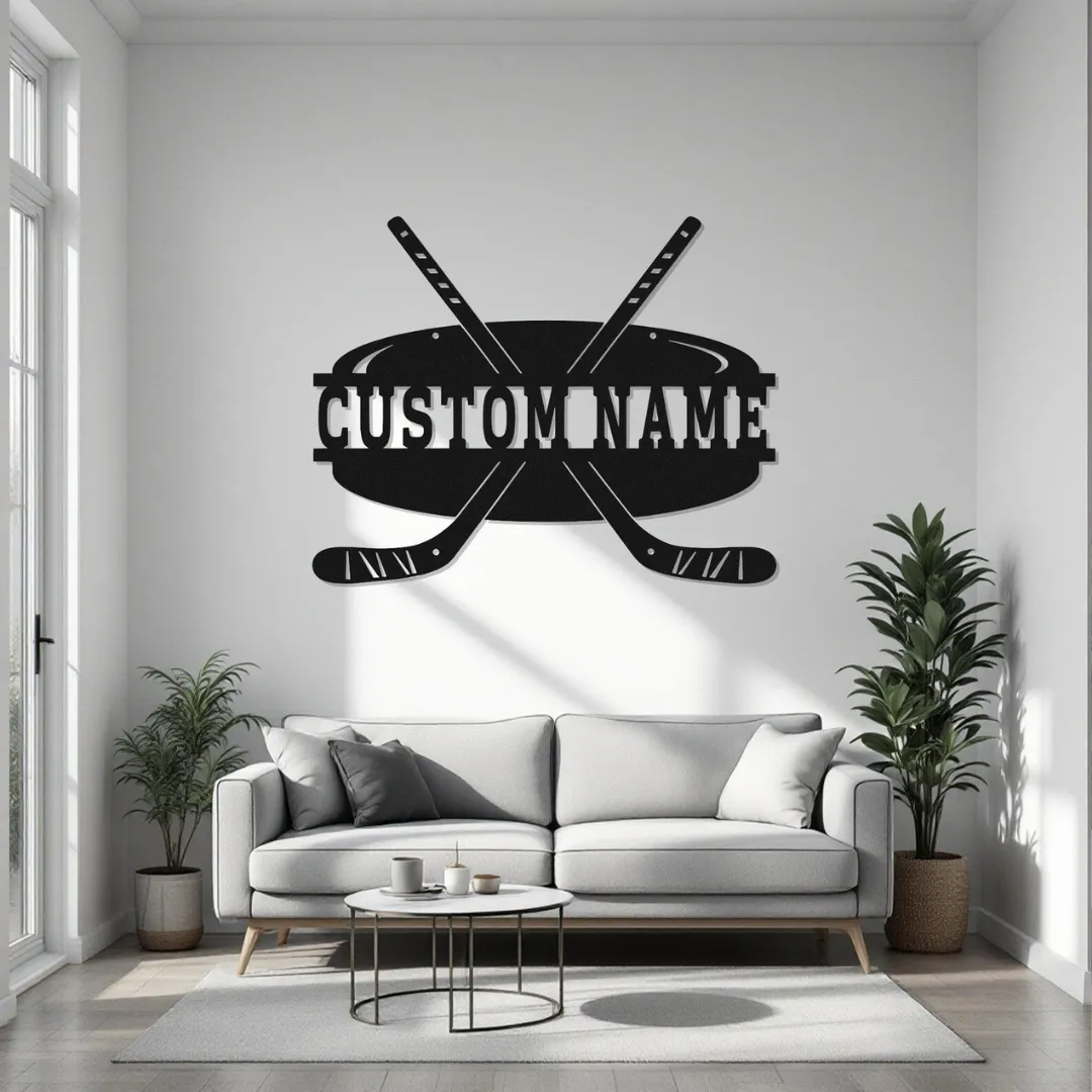 Hockey Puck Silhouette Hockey puck metal wall art with crossed sticks and custom name