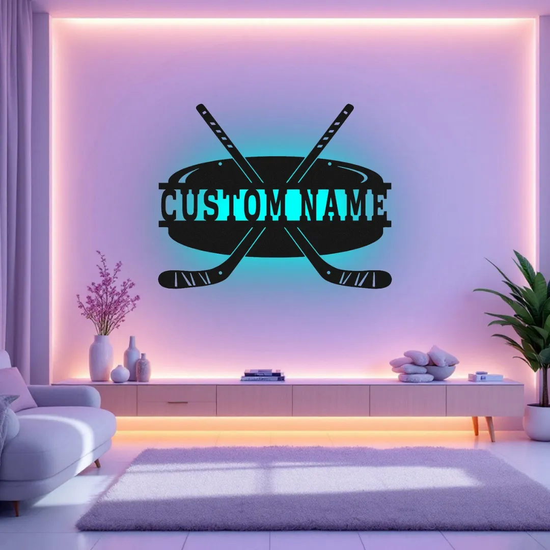 Hockey Puck Silhouettes Personalized hockey wall décor with puck and sticks