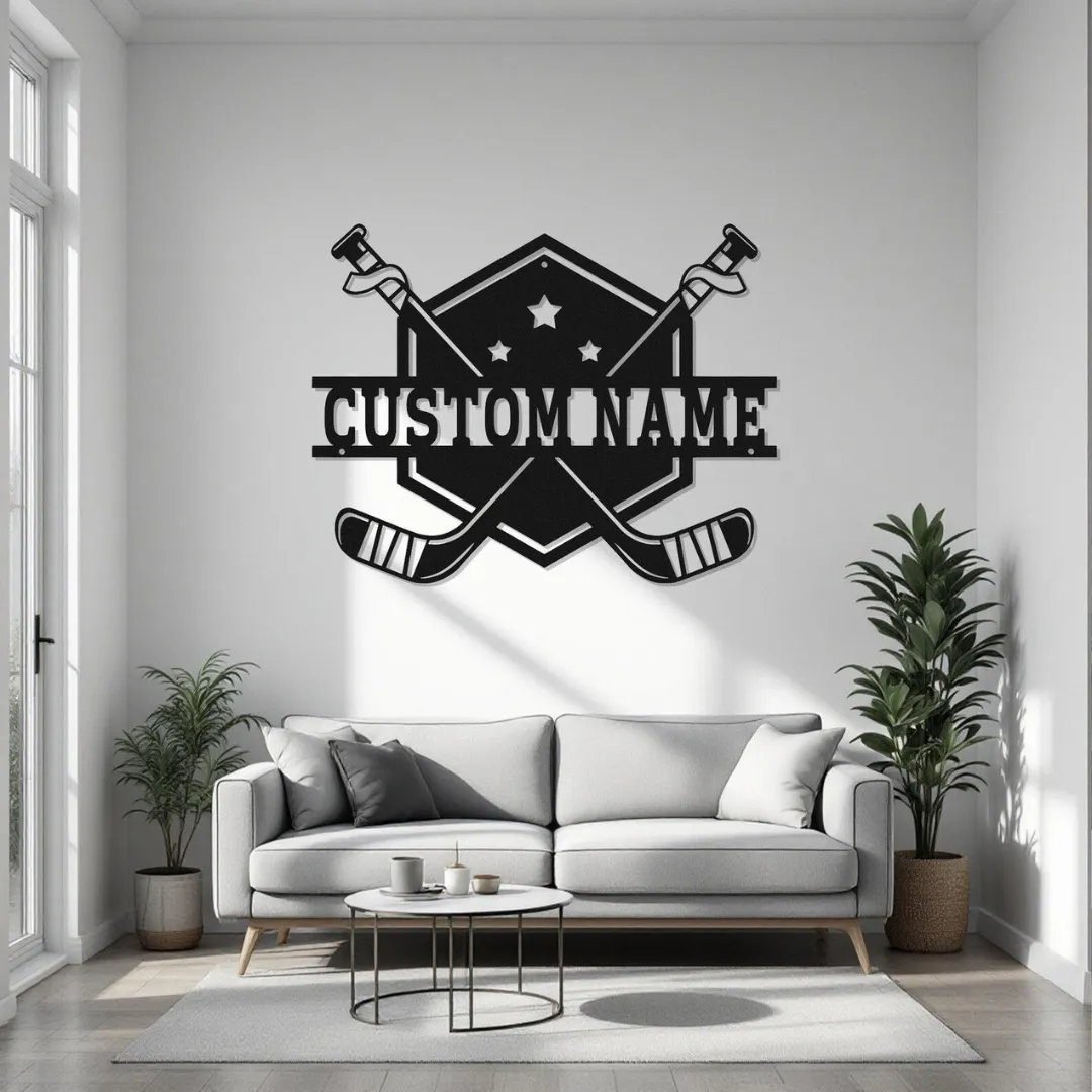 Hockey Shield Silhouette Hockey shield metal wall art with crossed sticks and custom name