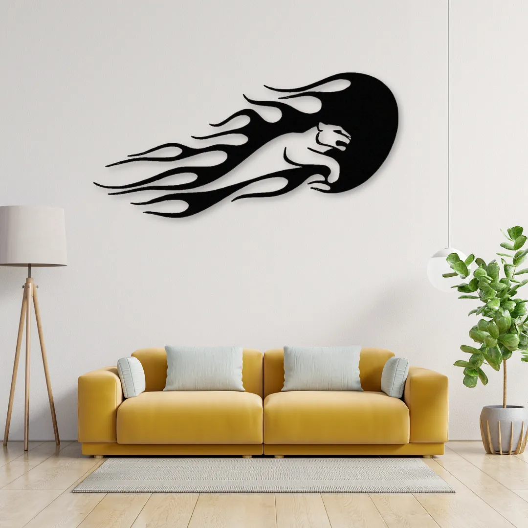 Inferno Panther Silhouette Flame panther metal wall art above yellow sofa in modern living room.