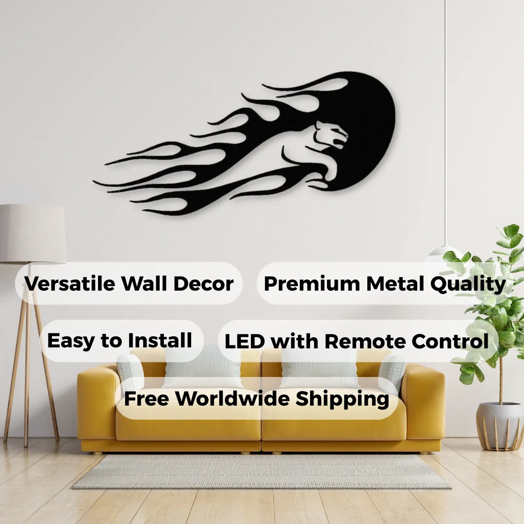 Inferno Panther Silhouettes Black flaming panther silhouette wall décor for bold interiors.