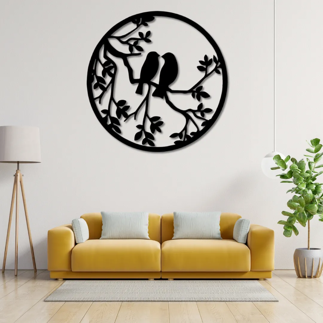 Love Birds Silhouette Love birds metal wall art with round frame