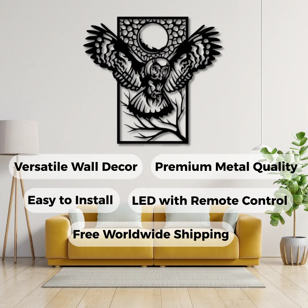 Moonlit Owl Silhouettes Black owl wall hanging with moon background.