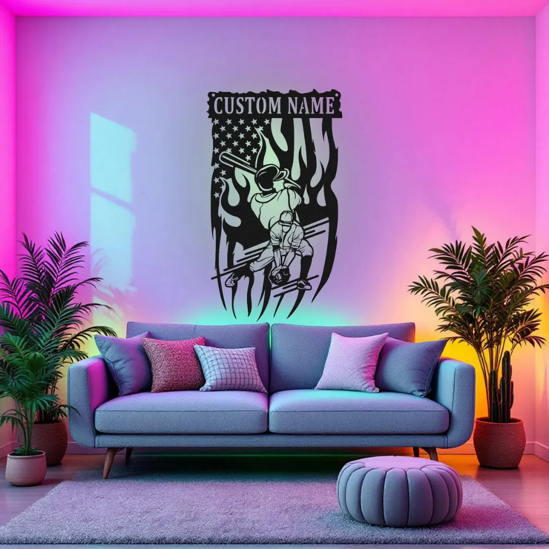 Patriotic Baseball Batter Silhouettes LED flame baseball batter wall art patriotic design