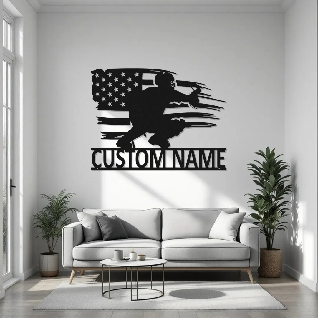 Patriotic Baseball Catcher Silhouette Custom patriotic baseball catcher wall art with American flag design