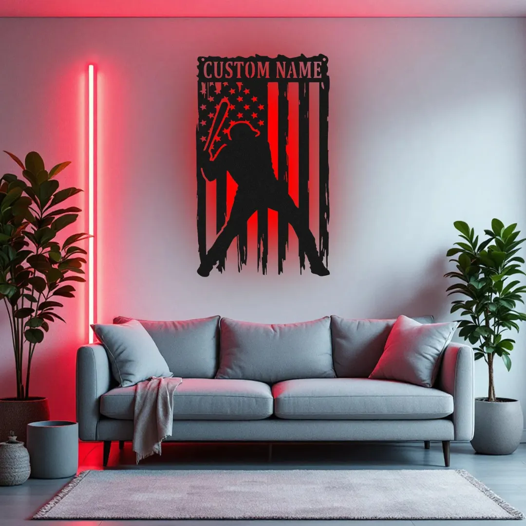 Patriotic Baseball Player Silhouettes LED and non-LED baseball metal wall art