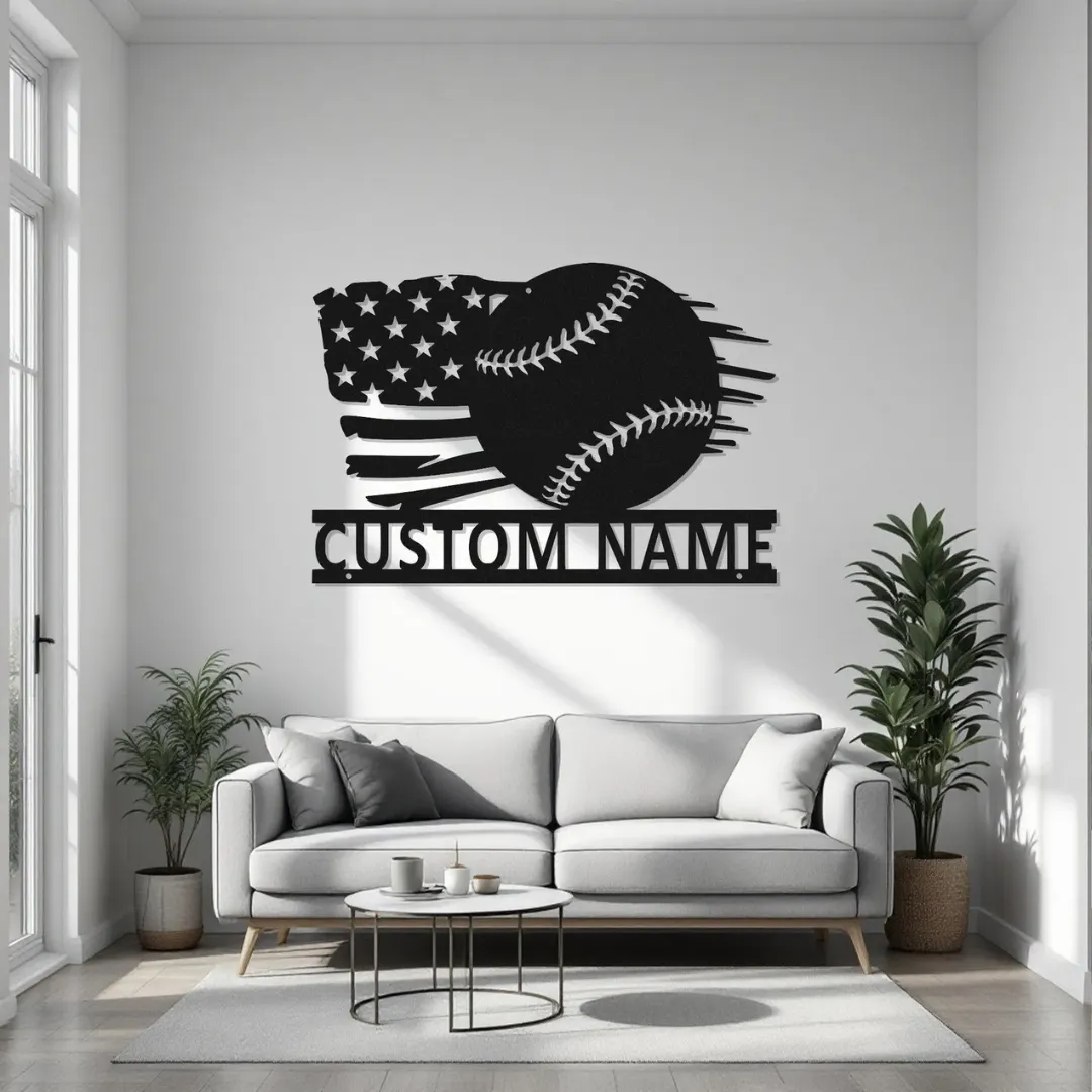 Patriotic Baseball Silhouette Custom patriotic baseball metal wall art with American flag and personalized name