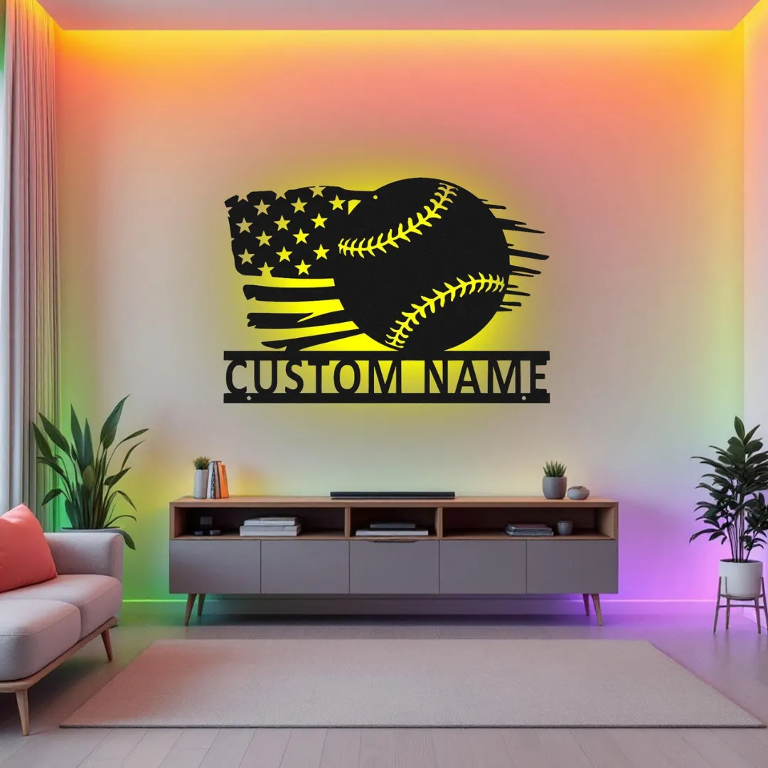Patriotic Baseball Silhouettes Personalized baseball wall decor with USA flag and custom number