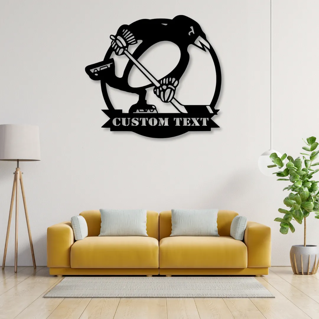 Penguin Hockey Silhouette Penguin hockey metal wall art with custom banner text