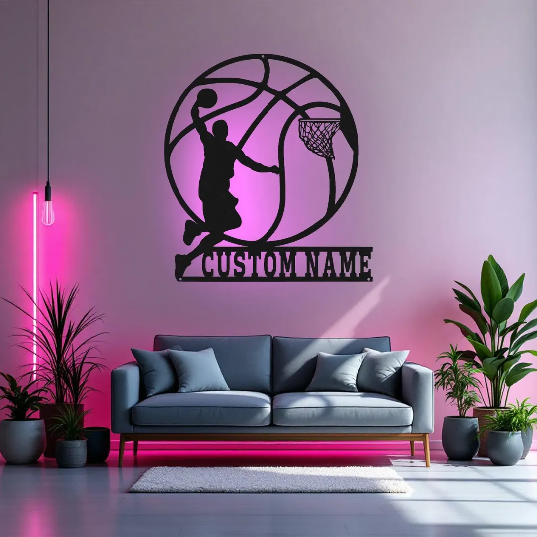 Pink Basketball Dunk Silhouette Basketball player dunk silhouette metal wall art