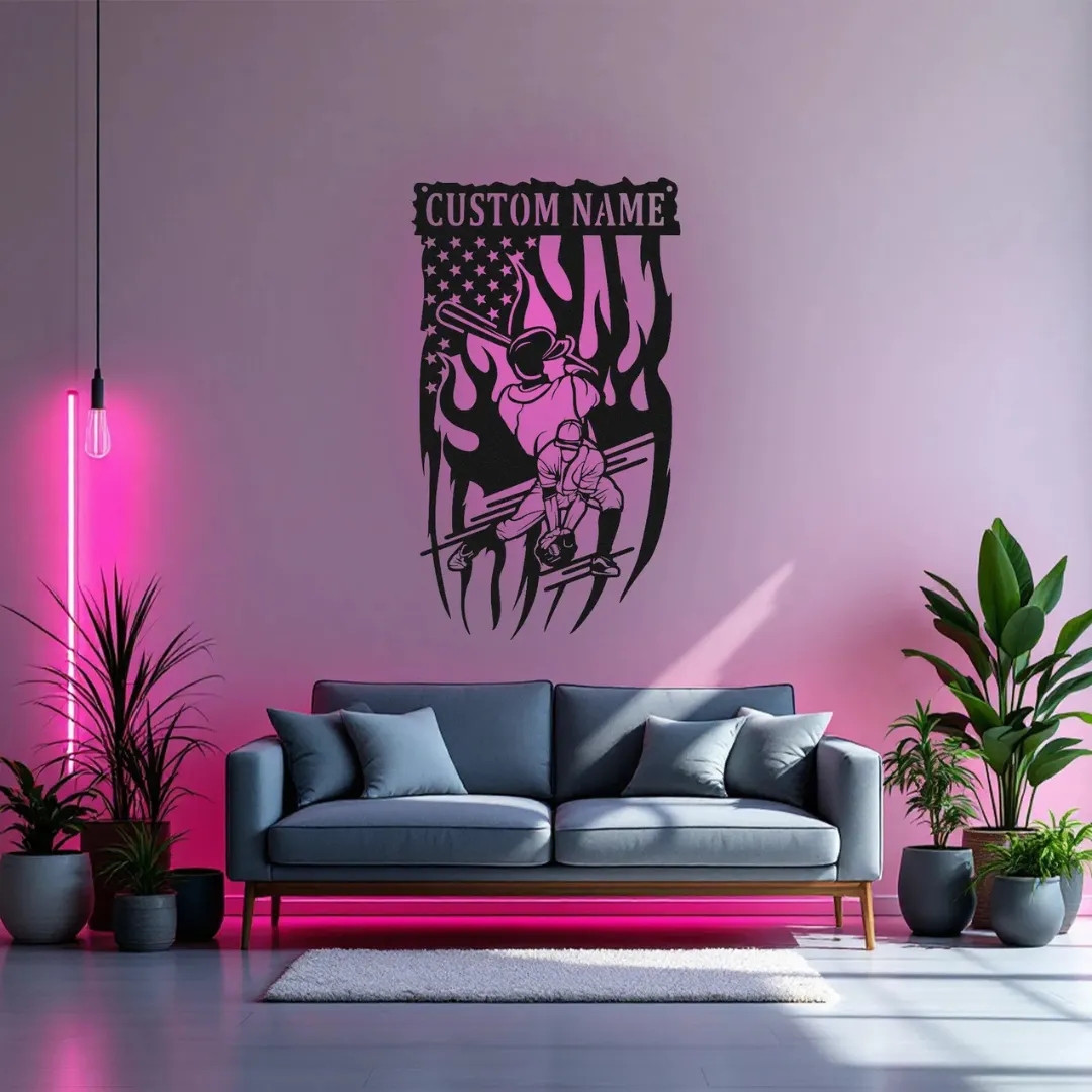 Pink Patriotic Baseball Batter Silhouette Custom name baseball player patriotic metal wall art
