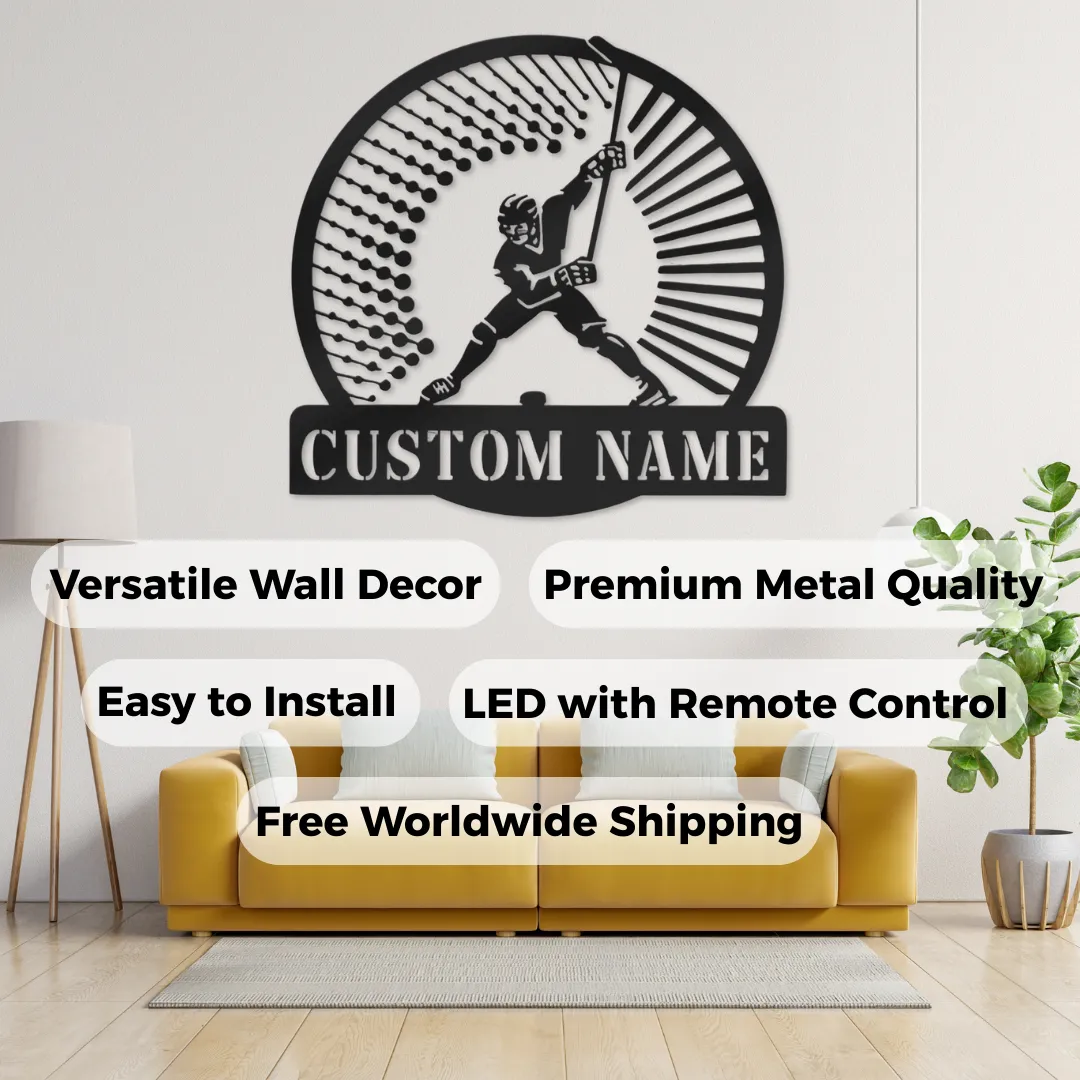 Power Shot Personalized Silhouettes Round black metal hockey silhouette wall décor above sofa