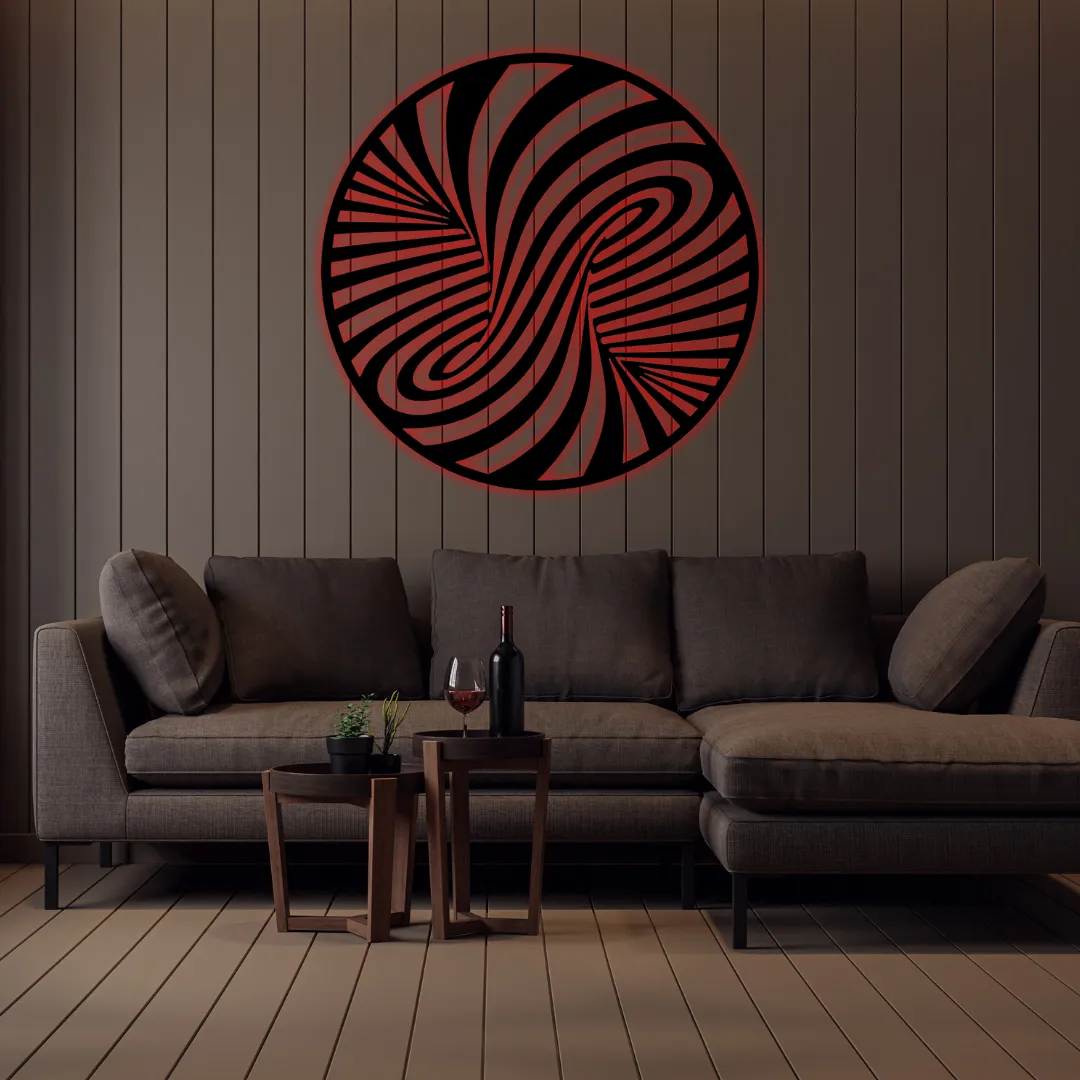 Red Abstract Spiral Silhouette Contemporary metal artwork with abstract spiral pattern.
