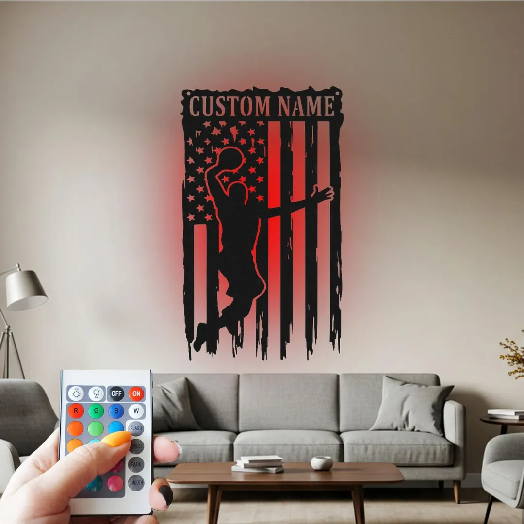 Red American Basketball Player Silhouette Modern basketball LED wall décor personalized