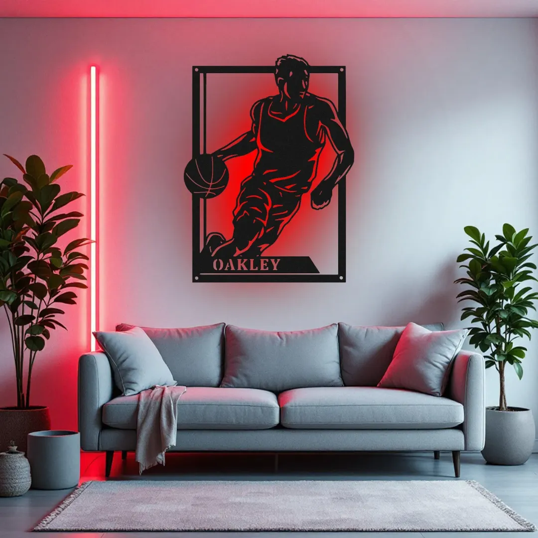 Red Basketball Player Dribbling Silhouette Basketball player silhouette wall art LED option