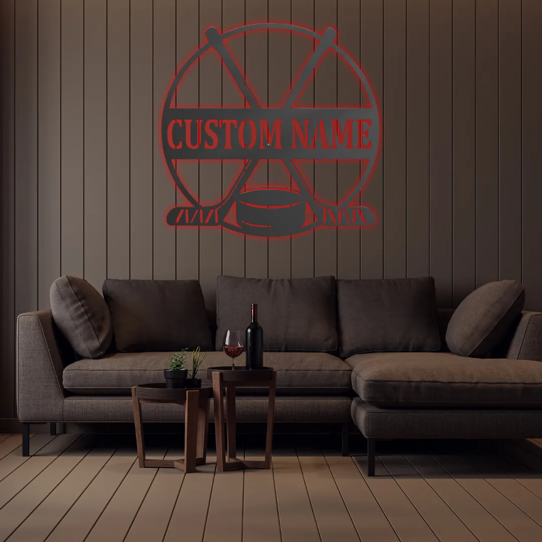 Red Crossed Sticks Personalized Silhouette Hockey-themed round metal wall art with personalized text