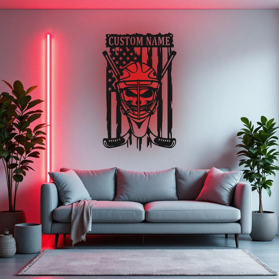 Red Goalie Mask Silhouette Custom hockey mask and flag metal wall hanging