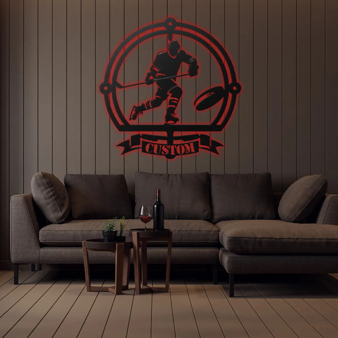 Red Hockey Action Mask Silhouette Custom hockey banner wall hanging with player silhouette