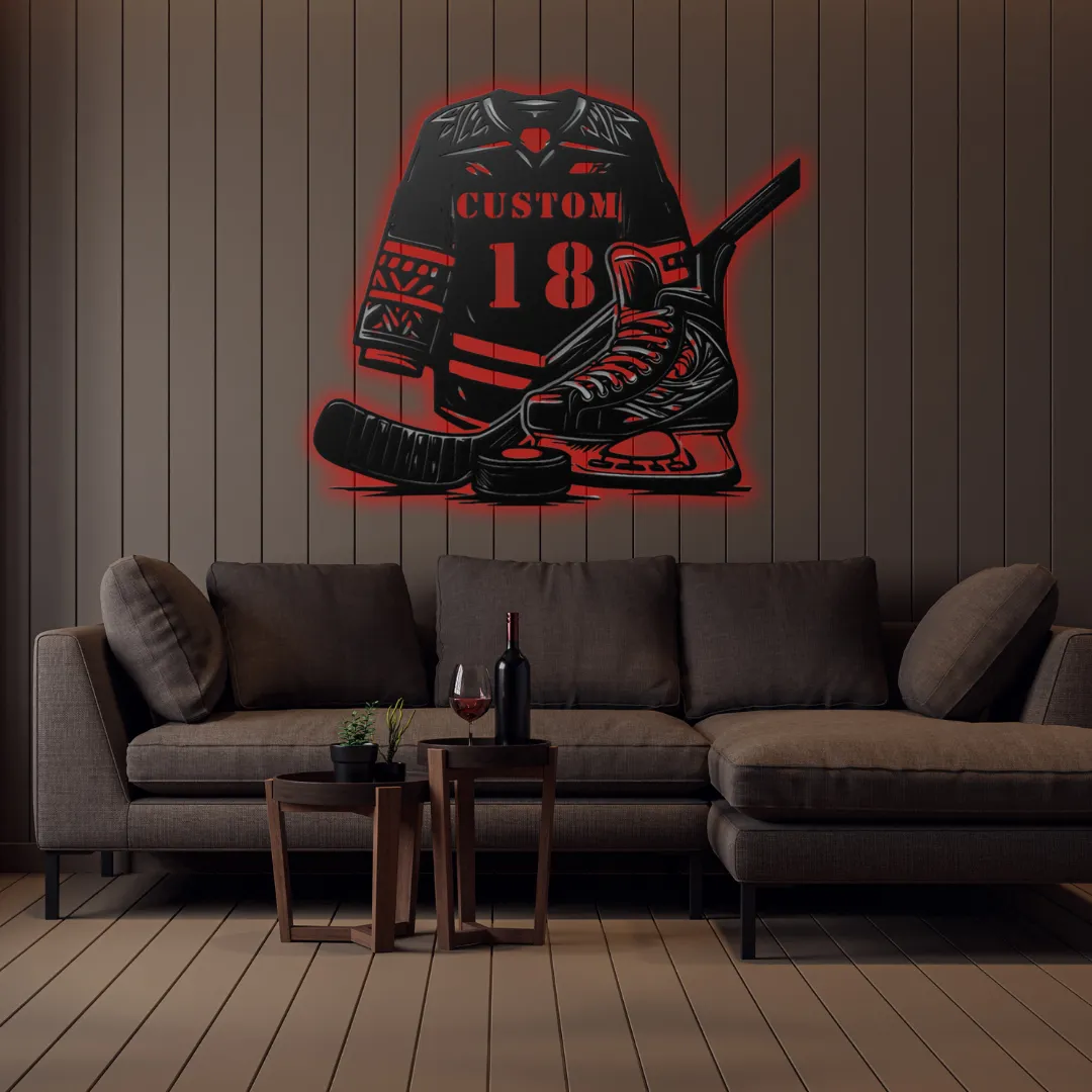 Red Hockey Gear Silhouette Laser cut hockey gear silhouette metal wall hanging