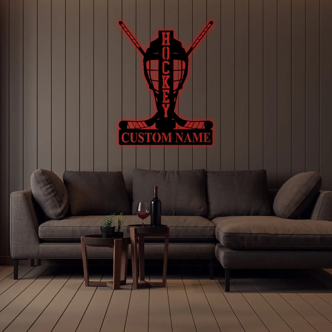 Red Hockey Goalie Mask Silhouette Laser cut hockey goalie mask wall hanging with name plate