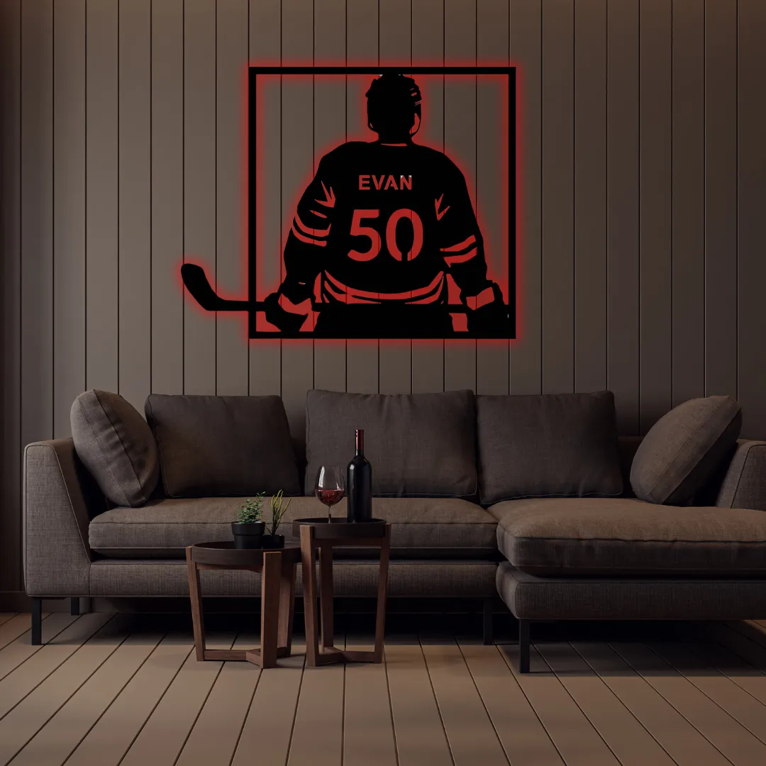 Red Hockey Jersey Back Custom Silhouette Laser cut hockey player silhouette metal wall hanging