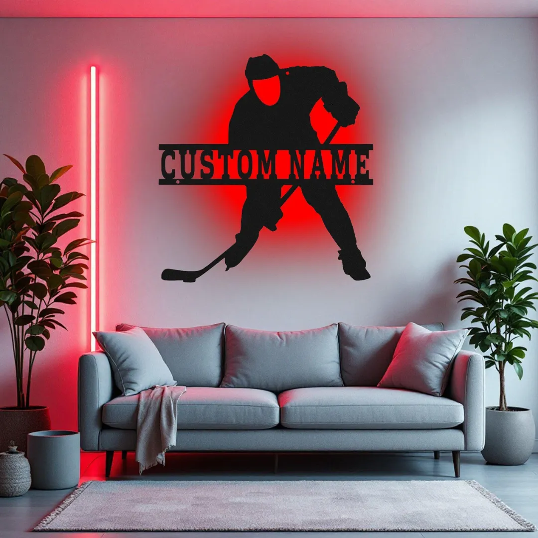 Red Hockey Player Silhouette Laser cut hockey player wall art with name plate