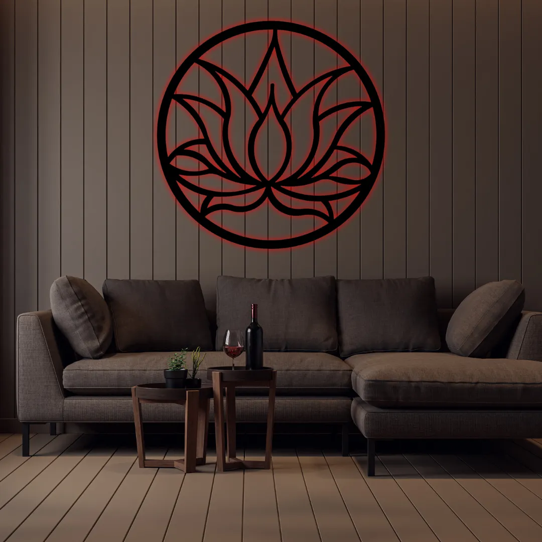 Red Lotus Mandala Silhouette Spiritual lotus mandala metal artwork for living room.