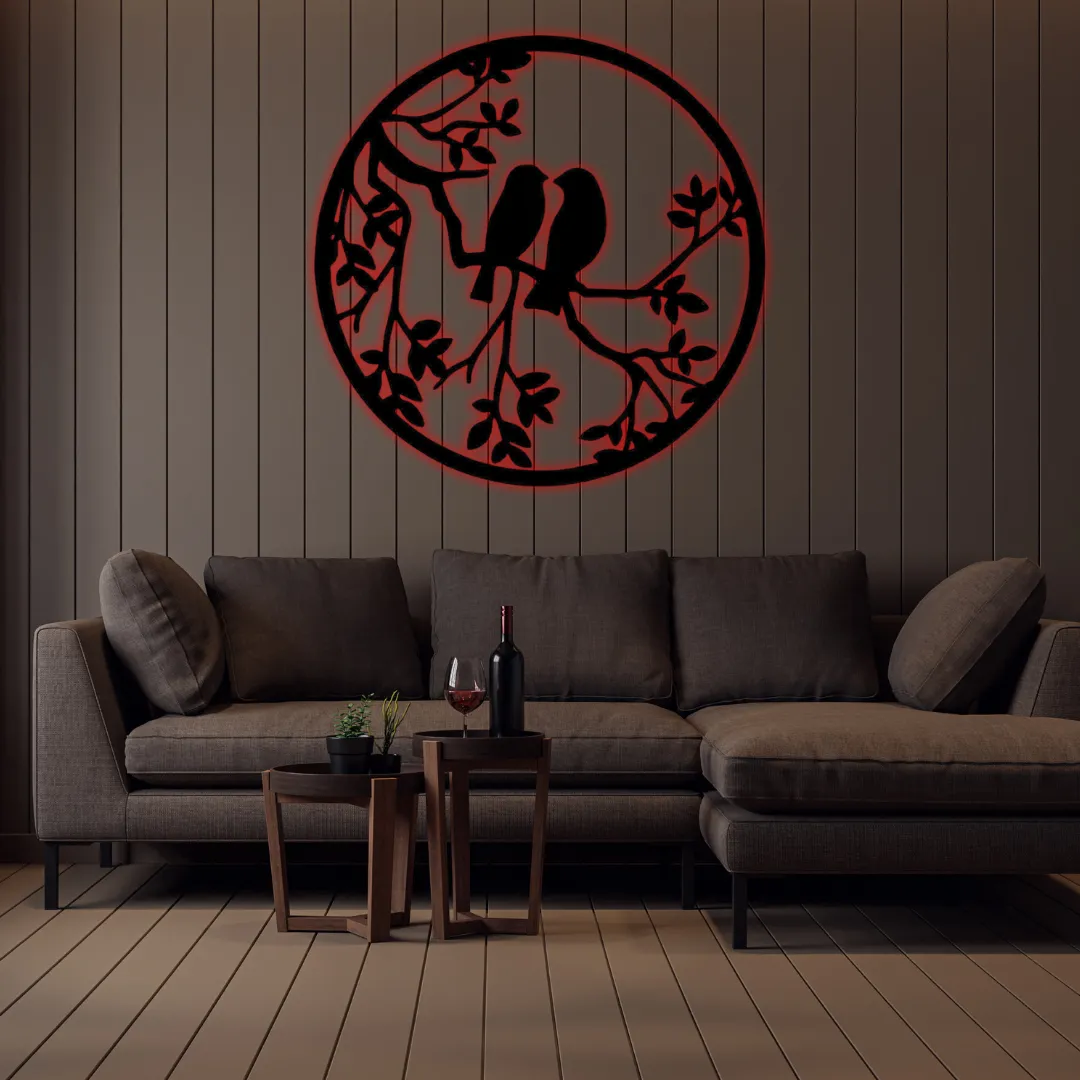 Red Love Birds Silhouette Birds on branch circular wall art design