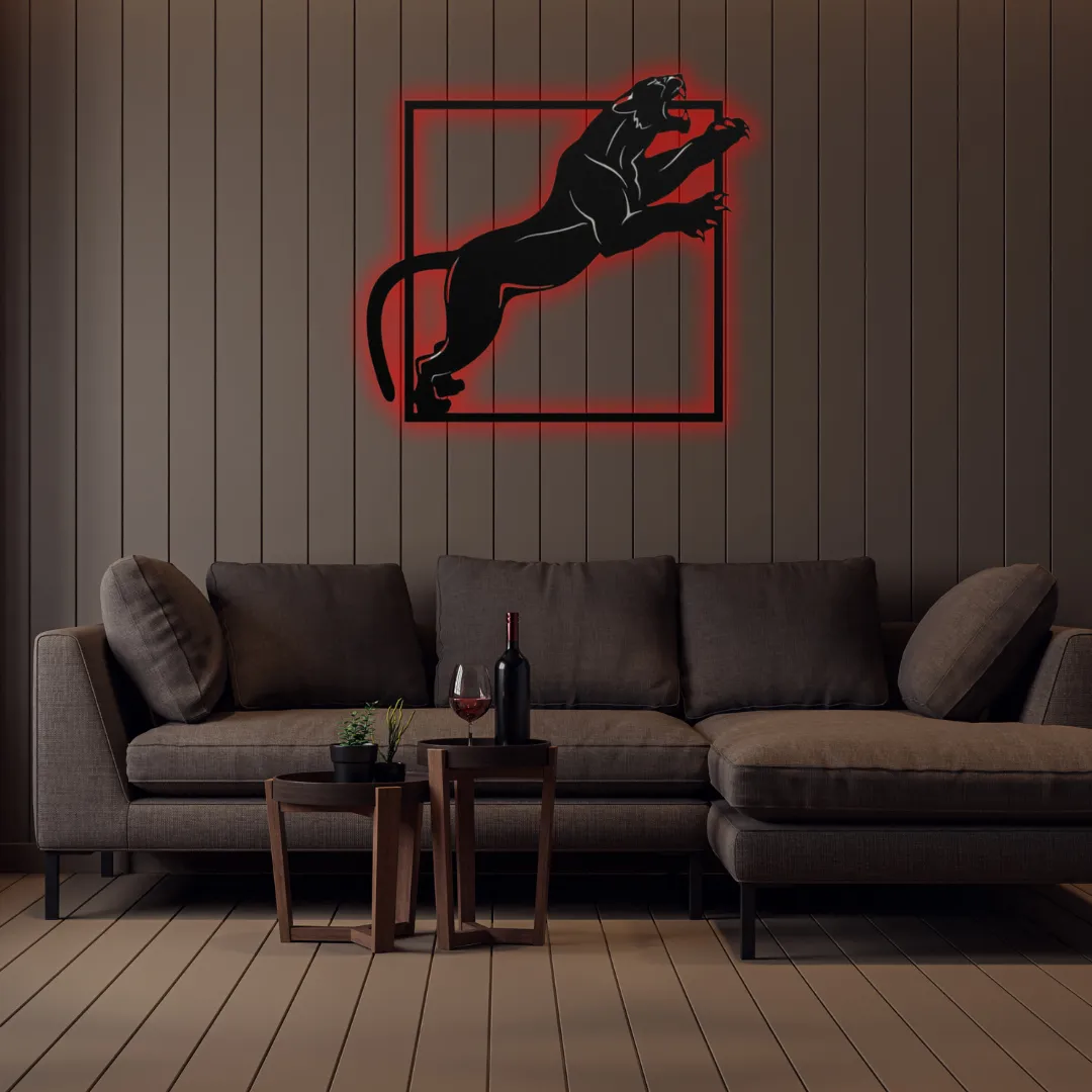Red Midnight Panther Silhouette Panther metal wall art accent for industrial or modern spaces.