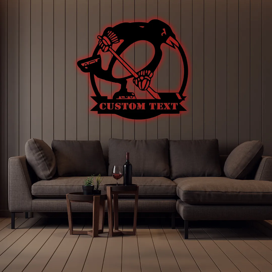 Red Penguin Hockey Silhouette Custom penguin hockey metal wall hanging with name text