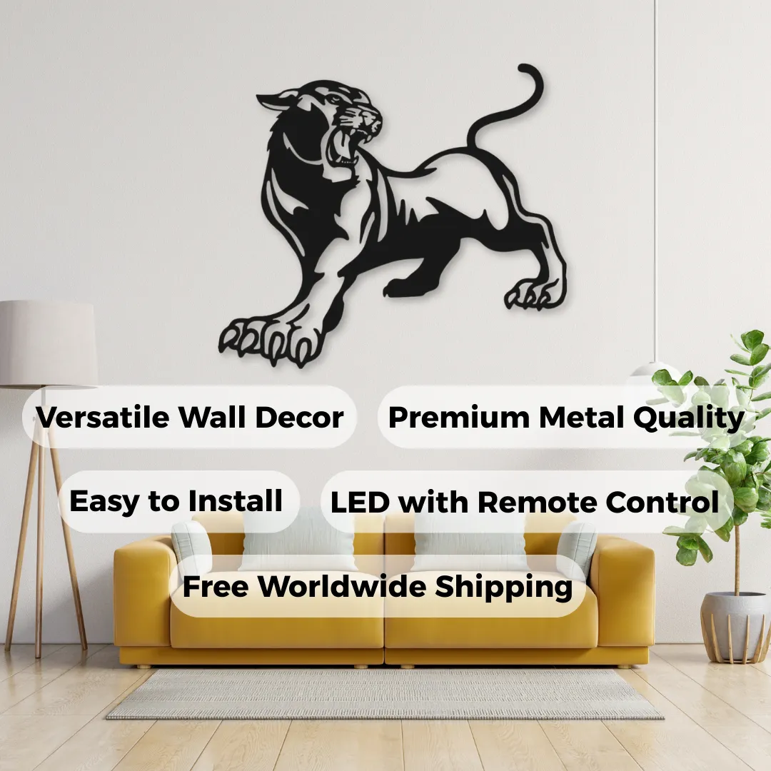 Savage Panther Silhouette Bold panther metal wall hanging for stylish spaces.