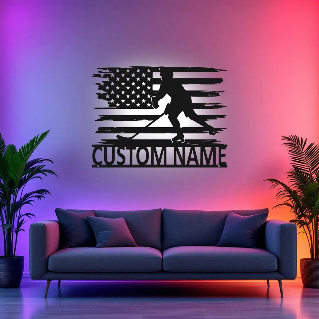 White American Flag Hockey Silhouette Laser cut American hockey wall art LED and non-LED