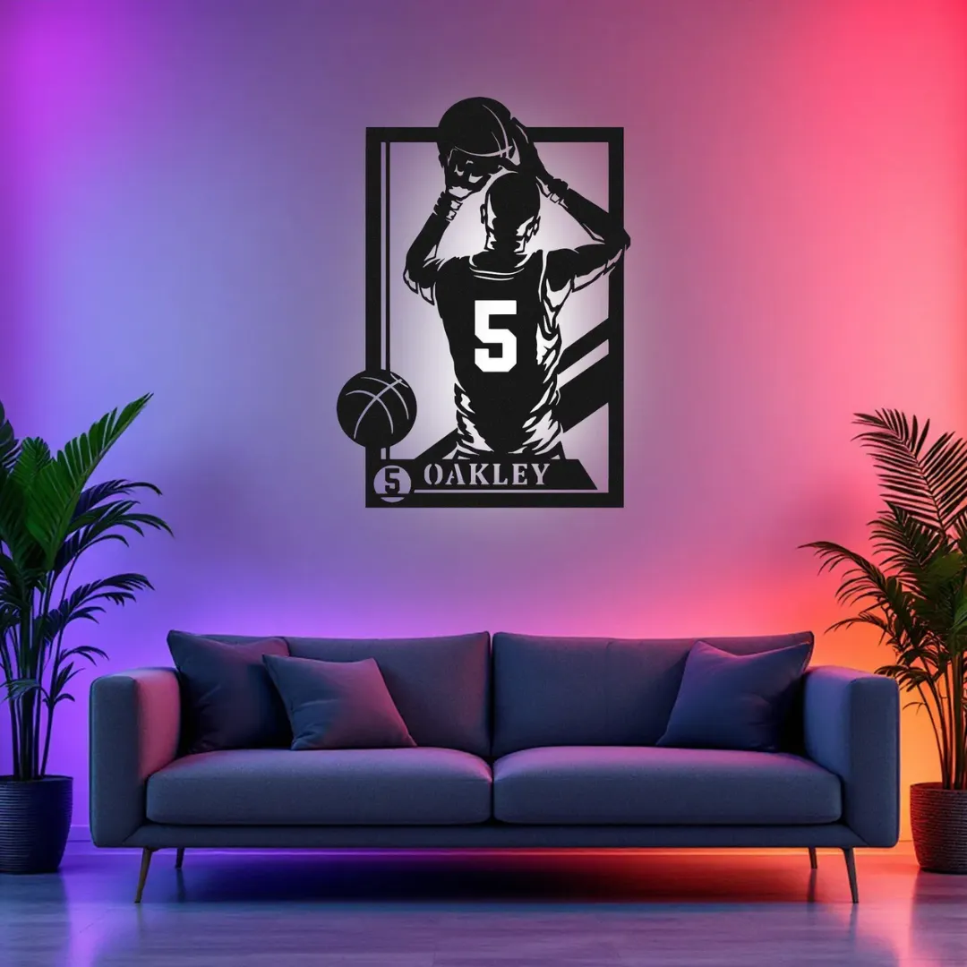 White Basketball Player Shooting Silhouette Metal basketball shooting silhouette wall sign LED option