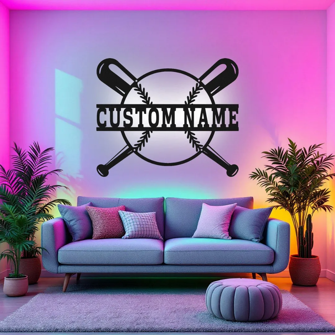 White Custom Baseball Silhouette LED baseball wall art with remote control
