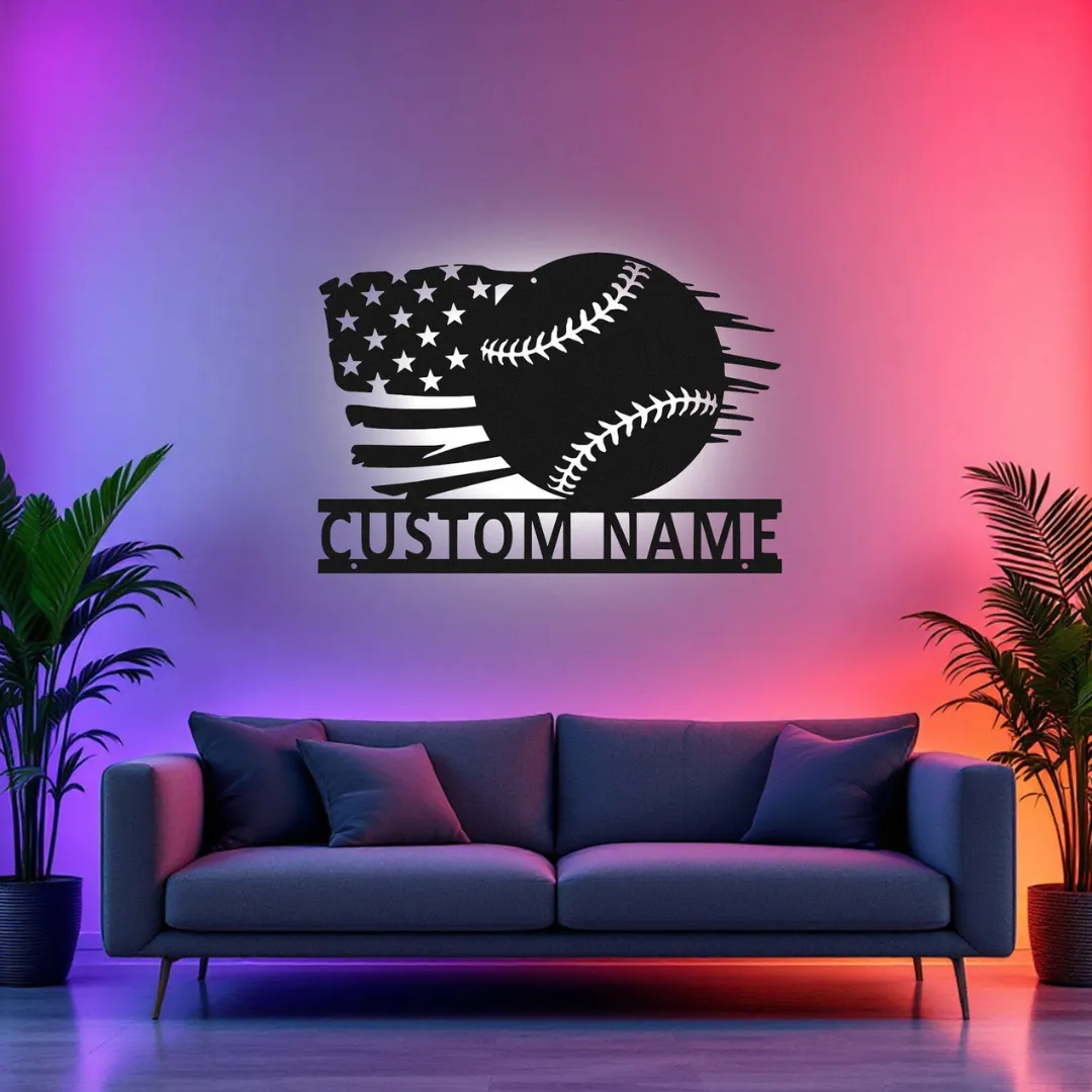 White Patriotic Baseball Silhouette White metal wall art for baseball fans featuring American flag design and custom text